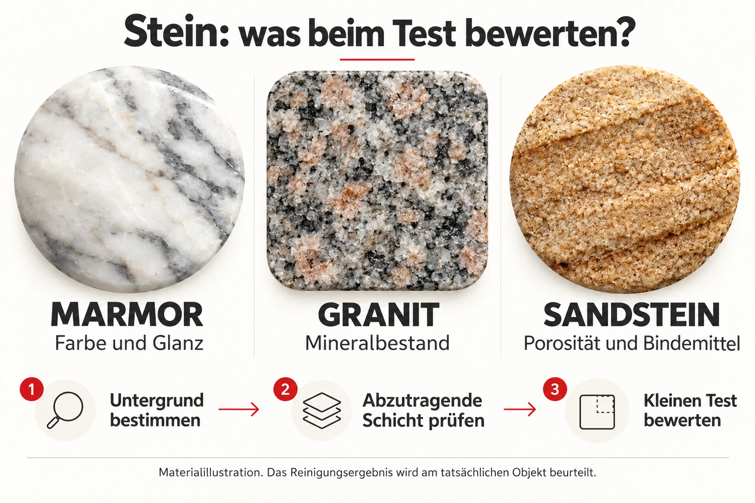 Marmor, Granit und Sandstein: Farbe und Glanz, Mineralzusammensetzung sowie Porosität und Bindemittel