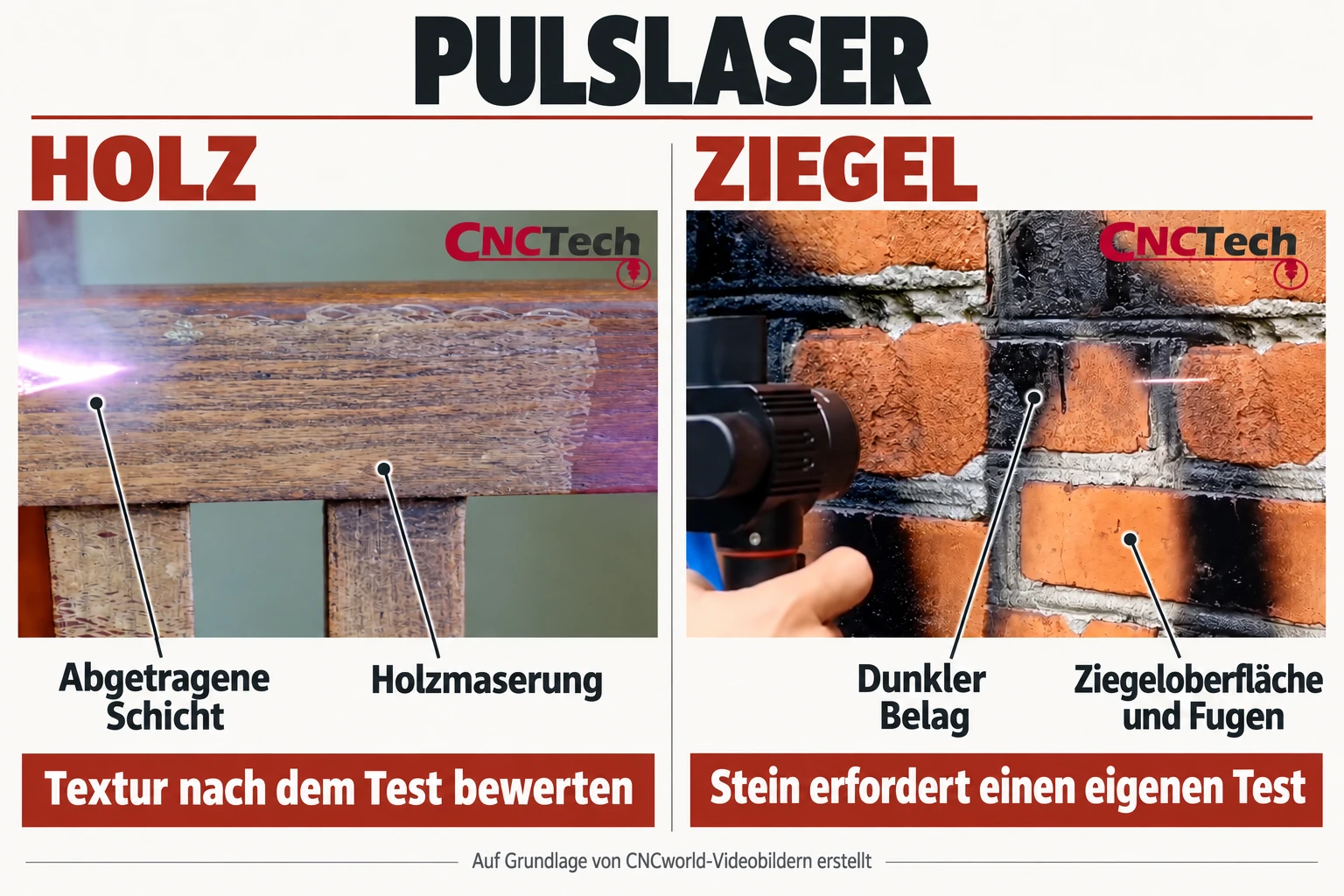 Gepulster Laser: Holz und Ziegel — abzutragende Schicht, Maserung sowie Ziegelfläche und Fugen